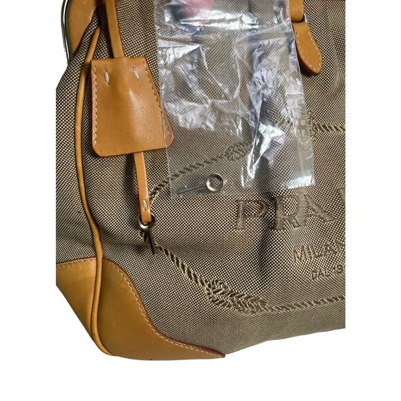 Prada Canapa Jacquard Canvas & Leather Frame Satchel Tote Bag Brown Tan Vintage - Picture 11 of 16